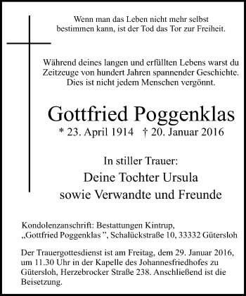 Traueranzeige von Gottfried Poggenklas von Neue Westfälische