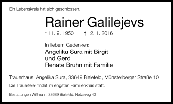 Traueranzeige von Rainer Galilejevs von Neue Westfälische