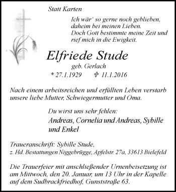 Traueranzeige von Elfriede Stude von Neue Westfälische