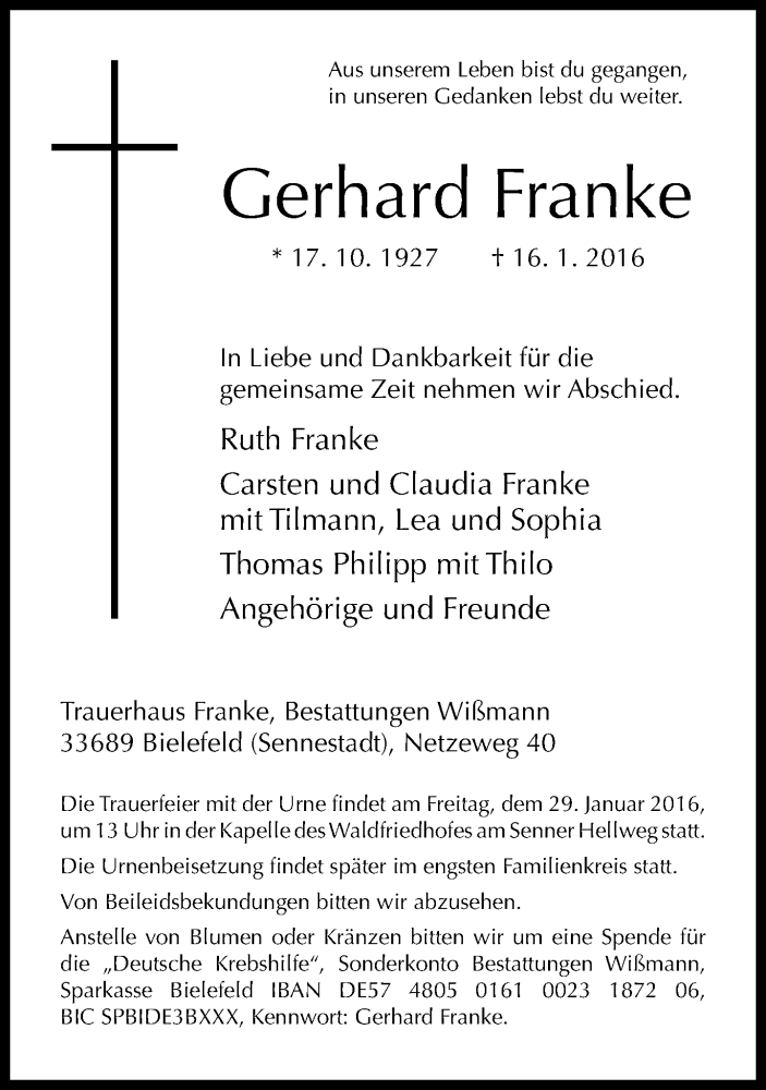  Traueranzeige für Gerhard Franke vom 23.01.2016 aus Neue Westfälische