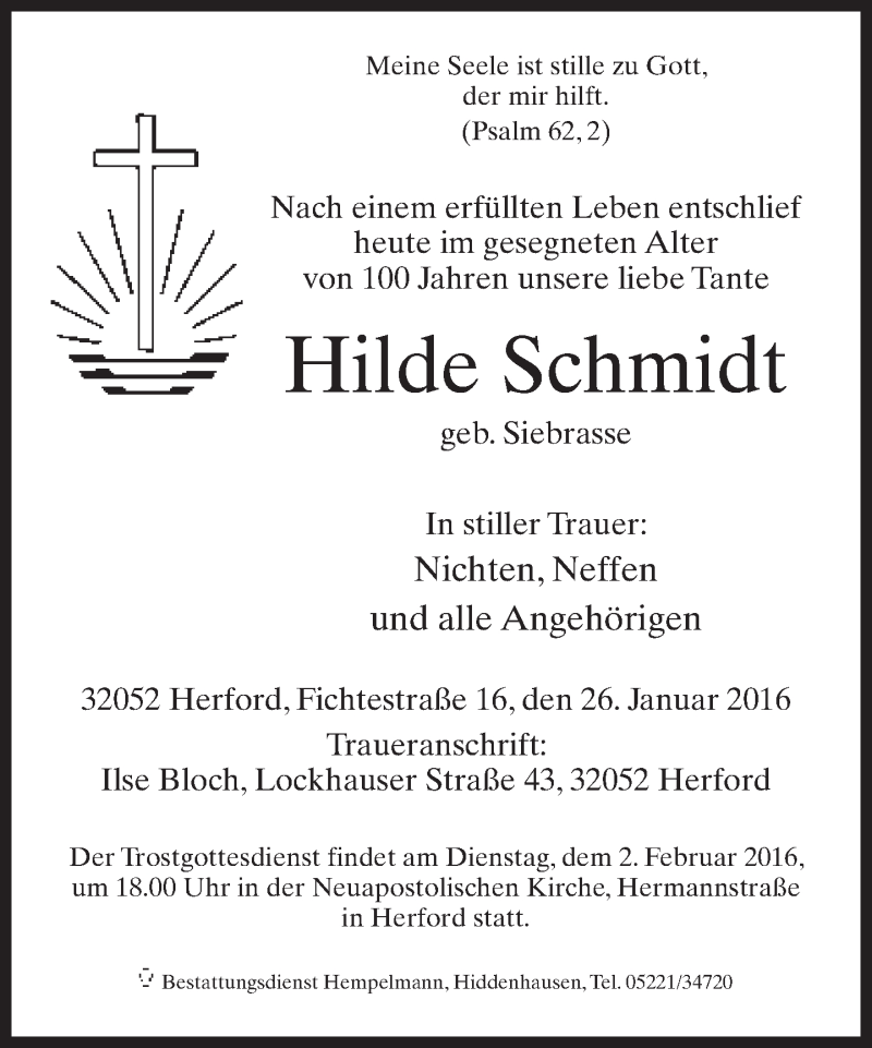  Traueranzeige für Hilde Schmidt vom 28.01.2016 aus Neue Westfälische