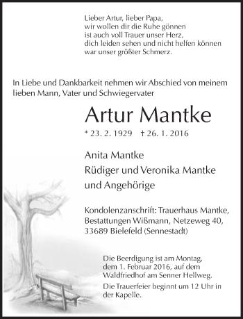 Traueranzeige von Artur Mantke von Neue Westfälische