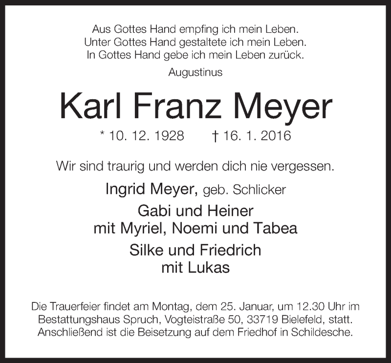  Traueranzeige für Karl Franz Meyer vom 20.01.2016 aus Neue Westfälische