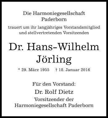 Traueranzeige von Hans-Wilhelm Jörling von Neue Westfälische