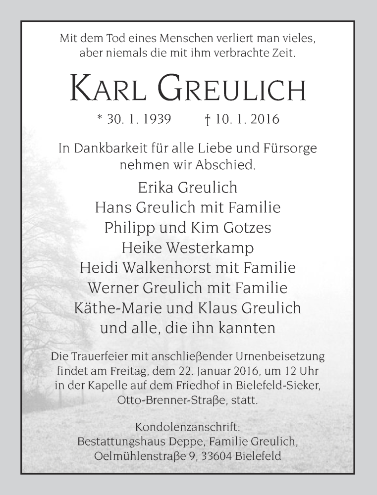  Traueranzeige für Karl Greulich vom 16.01.2016 aus Neue Westfälische