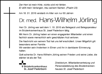 Traueranzeige von Hans-Wilhelm Jörling von Neue Westfälische