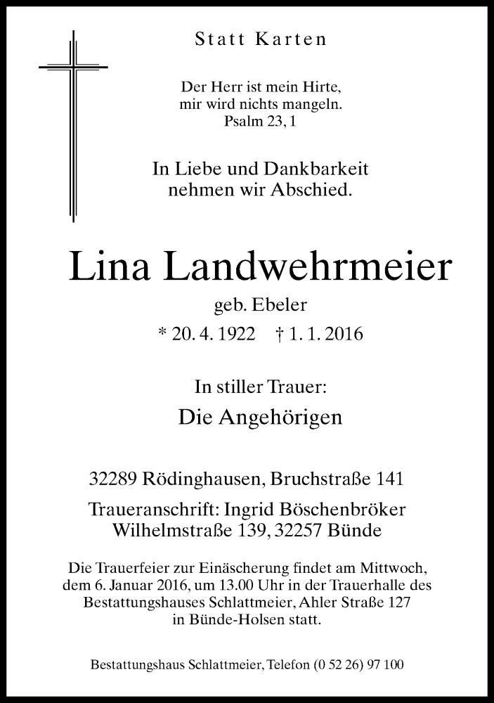  Traueranzeige für Lina Landwehrmeier vom 04.01.2016 aus Neue Westfälische