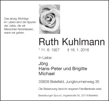 Traueranzeige von Ruth Kuhlmann von Neue Westfälische