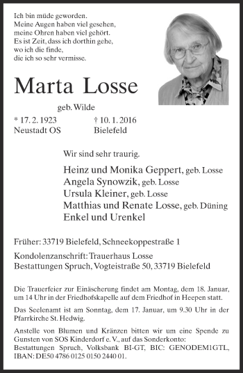Traueranzeige von Marta Losse von Neue Westfälische