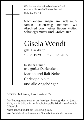Traueranzeige von Gisela Wendt von Neue Westfälische