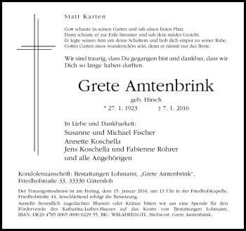 Traueranzeige von Grete Amtenbrink von Neue Westfälische