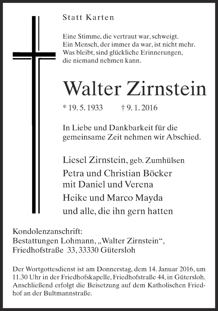  Traueranzeige für Walter Zirnstein vom 11.01.2016 aus Neue Westfälische