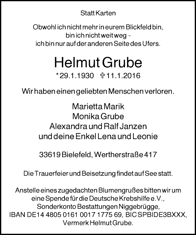  Traueranzeige für Helmut Grube vom 16.01.2016 aus Neue Westfälische