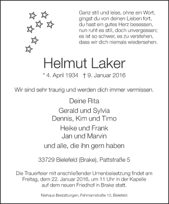 Traueranzeige von Helmut Laker von Neue Westfälische