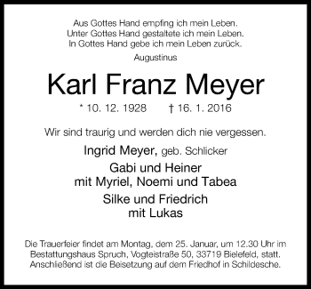 Traueranzeige von Karl Franz Meyer von Neue Westfälische