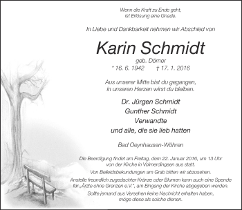 Traueranzeige von Karin Schmidt von Neue Westfälische