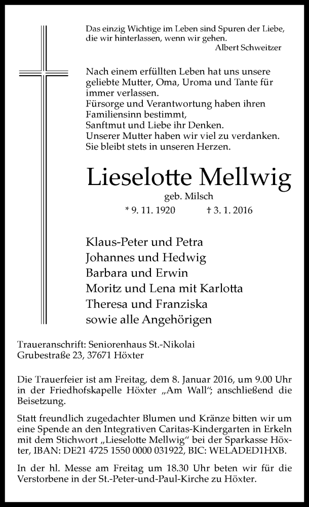  Traueranzeige für Lieselotte Mellwig vom 05.01.2016 aus Neue Westfälische