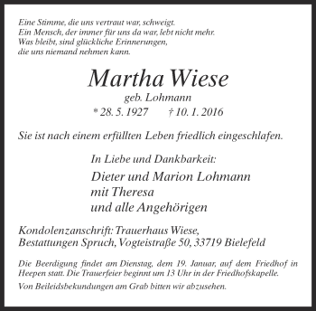 Traueranzeige von Martha Wiese von Neue Westfälische
