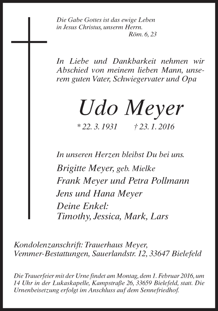  Traueranzeige für Udo Meyer vom 30.01.2016 aus Neue Westfälische