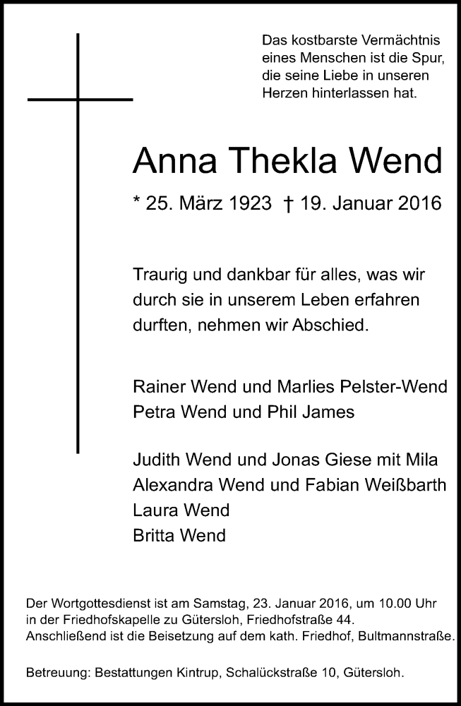  Traueranzeige für Anna  Thekla Wend vom 21.01.2016 aus Neue Westfälische