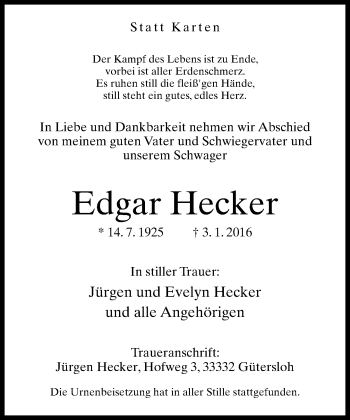 Traueranzeige von Edgar Hecker von Neue Westfälische