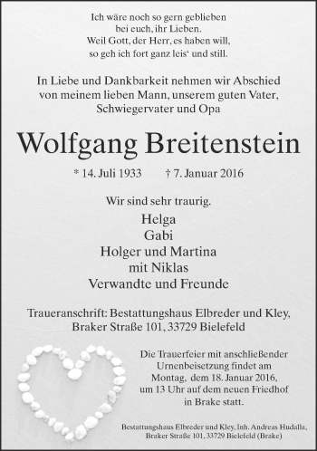 Traueranzeige von Wolfgang Breitenstein von Neue Westfälische