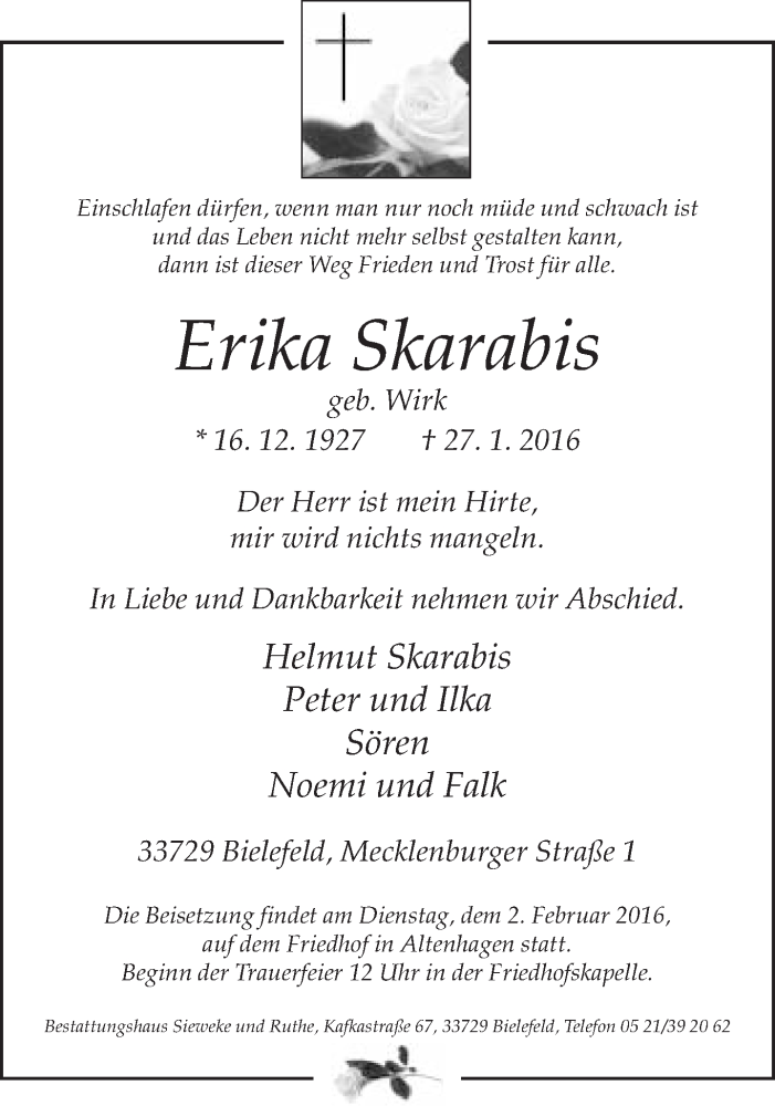  Traueranzeige für Erika Skarabis vom 30.01.2016 aus Neue Westfälische