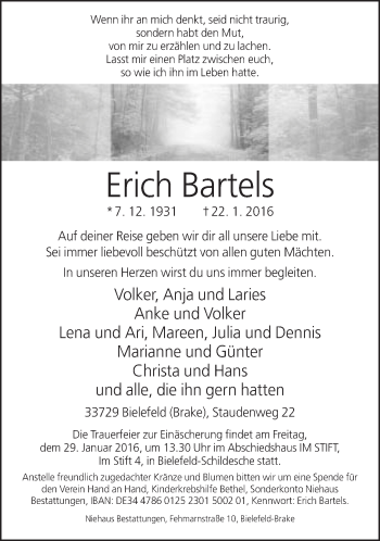 Traueranzeige von Erich Bartels von Neue Westfälische