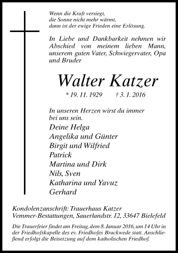 Traueranzeige von Walter Katzer von Neue Westfälische