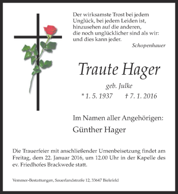 Traueranzeige von Traute Hager von Neue Westfälische
