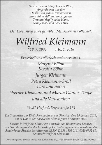 Traueranzeige von Wilfried Kleimann von Neue Westfälische