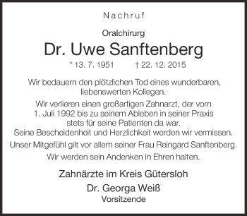 Traueranzeige von Uwe Sanftenberg von Neue Westfälische