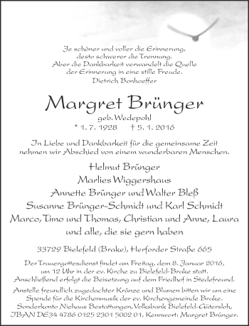 Traueranzeige von Margret Brünger von Neue Westfälische