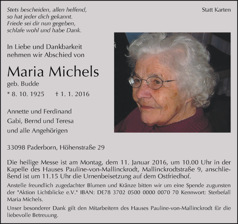  Traueranzeige für Maria Michels vom 06.01.2016 aus Neue Westfälische