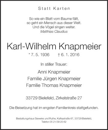Traueranzeige von Karl-Wilhelm Knapmeier von Neue Westfälische