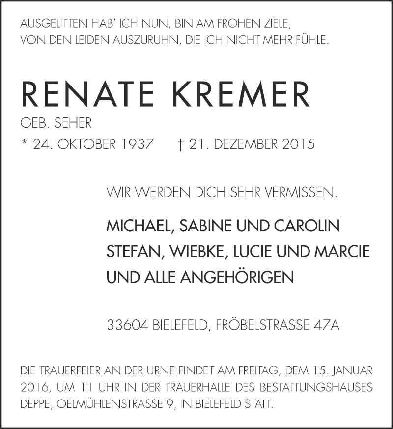  Traueranzeige für Renate Kremer vom 02.01.2016 aus Neue Westfälische