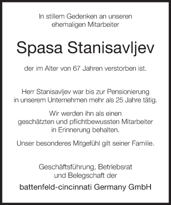 Traueranzeige von Spasa Stanisavljev von Neue Westfälische