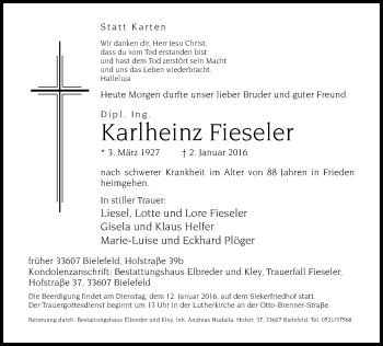 Traueranzeige von Karlheinz Fieseler von Neue Westfälische