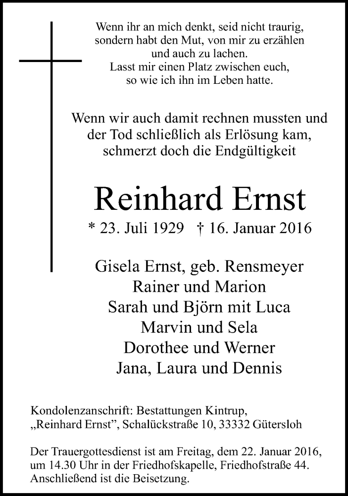  Traueranzeige für Reinhard Ernst vom 19.01.2016 aus Neue Westfälische