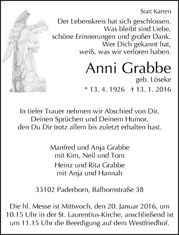 Traueranzeige von Anni Grabbe von Neue Westfälische
