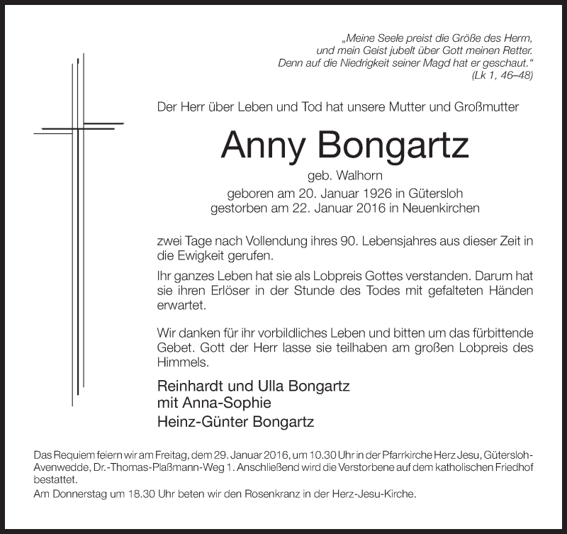  Traueranzeige für Anny Bongartz vom 26.01.2016 aus Neue Westfälische