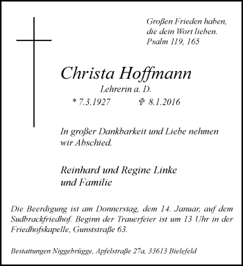 Traueranzeige von Christa Hoffmann von Neue Westfälische