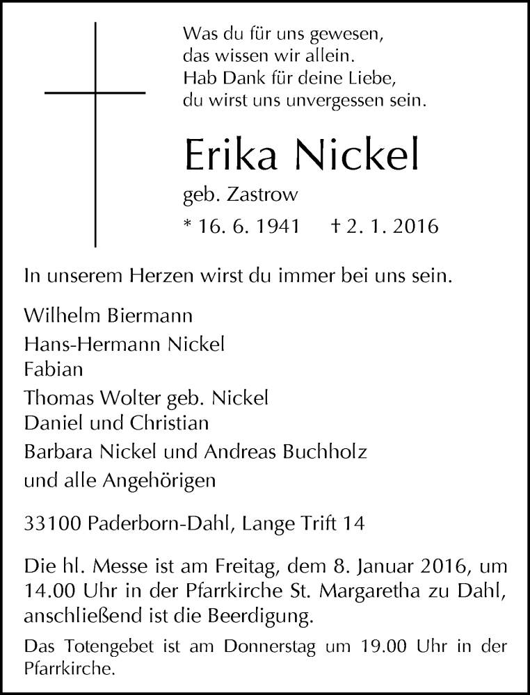  Traueranzeige für Erika Nickel vom 05.01.2016 aus Neue Westfälische