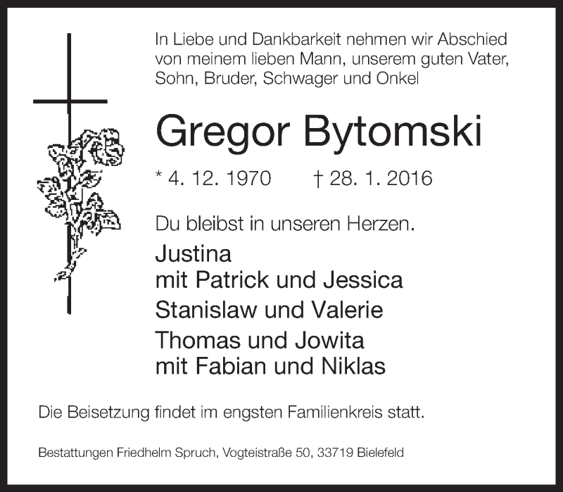  Traueranzeige für Gregor Bytomski vom 30.01.2016 aus Neue Westfälische