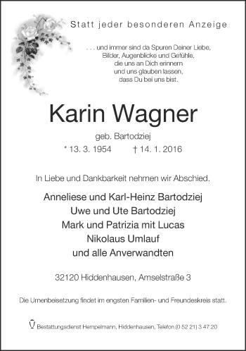 Traueranzeige von Karin Wagner von Neue Westfälische