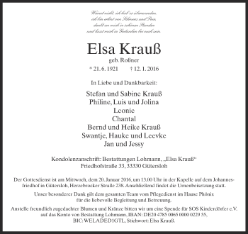 Traueranzeige von Elsa Krauß von Neue Westfälische