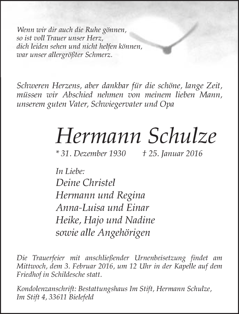  Traueranzeige für Hermann Schulze vom 29.01.2016 aus Neue Westfälische