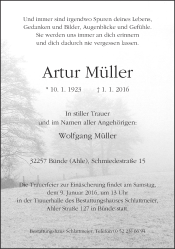 Traueranzeige von Artur Müller von Neue Westfälische