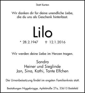 Traueranzeige von Lilo  von Neue Westfälische