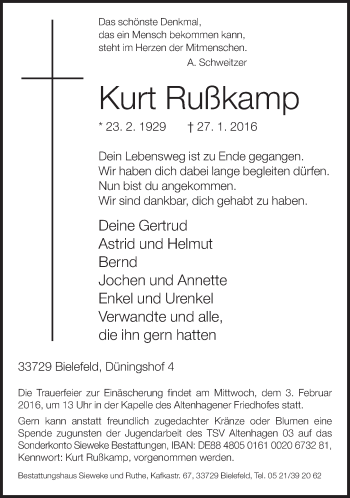 Traueranzeige von Kurt Rußkamp von Neue Westfälische